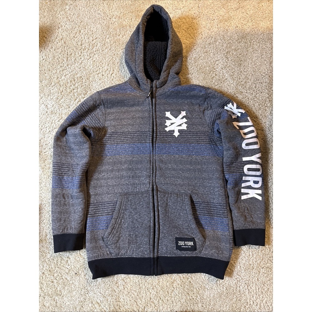 Zoo York Hoodie‎ Youth XL Stripe Sherpa Lined Skate Full Zip Grunge Spellout Y2K